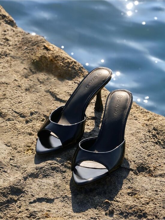 👑Women\'s Black Heeled  Toe High Heels Slip On Backless Mule Sandals Dress Shoes